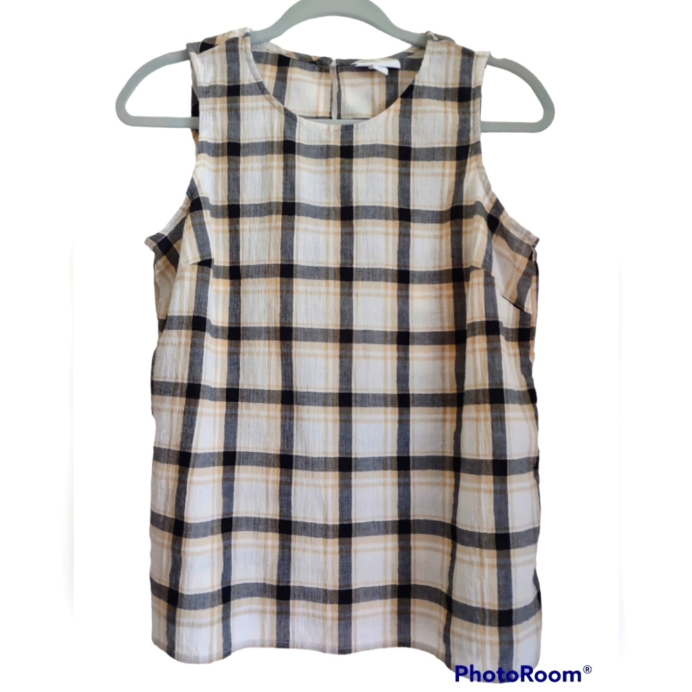 J JillCotton Sleeveless Top Womens Petite Small Plaid Tank Top Yellow‎ Black